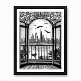 Window View Of Dubai United Arab Emirates   Black And White Colouring Pages Line Art 1 Art Print