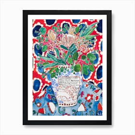Lion Vase Floral Still Life With Red And Blue Patterns Art Print