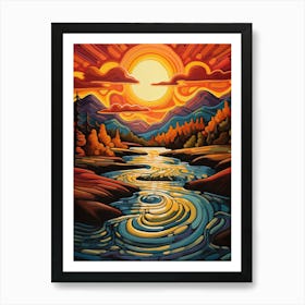 River in Sunset I, Vibrant Colorful Painting in Van Gogh Style Art Print