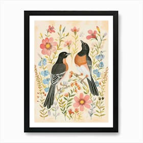 Folksy Floral Animal Drawing Magpie Art Print