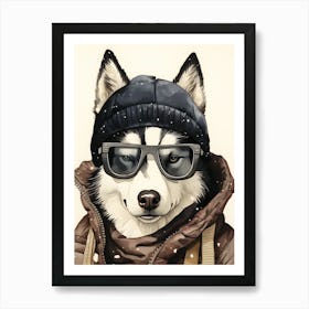 Siberian Husky Dog Wearing Glasses Art Print