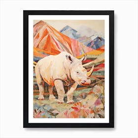 Colourful Patchwork Rhino With Mountain In The Background 5 Art Print