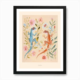 Folksy Floral Animal Drawing Gecko Poster Art Print