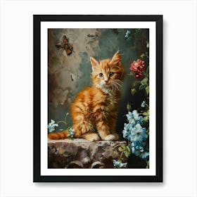 Kitten With Flowers & Butterflies Rococo Inspired Art Print