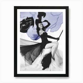 Black Pin Up Witch Posing On A Broom And A Winking Moon Art Print