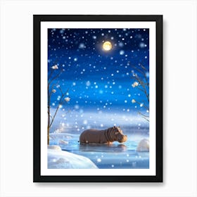 Cozy Winter Wonderland Encasing A Heart Melting Hippo Snow Gently Falling On Its Back Fluffy White Art Print