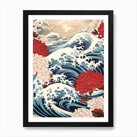 Great Wave With Chrysanthemum Flower Drawing In The Style Of Ukiyo E 4 Art Print