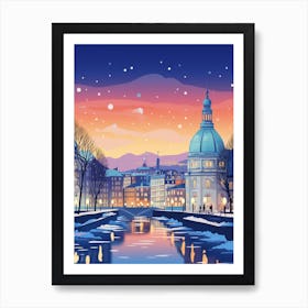 Winter Travel Night Illustration Geneva Switzerland 3 Art Print