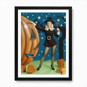 Pin Up Witch Posing With Axe Beside Big Carved Pumpkin Art Print