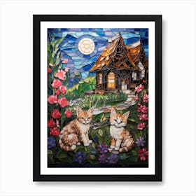 Cats In A Garden At Moonlight In Front Of A Medieval Barn Art Print