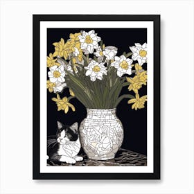 Drawing Of A Still Life Of Daisies With A Cat 4 Art Print