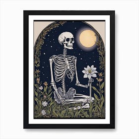 Where Art Thou Beautiful? Romantic Skeleton Gentleman Waiting For His Lover Under The Pale Moonlight - Vintage Folk Line Art Botanical Gothic Full Moon Pagan Witchy Midnight Celestial Stars Artwork For Gothic Witch Macabre Feature Gallery Wall - The Lovers, The Kiss Inspired Till Death Do Us Part Art Print