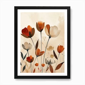 Flowers In Beige, Brown And White Tones, Using Simple Shapes In A Minimalist And Elegant 2 Art Print