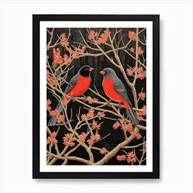 Birds And Branches Linocut Style 12 Art Print