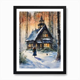 The Return Home ~ A Witch Return to Her Beautiful Witches Cottage after a Winters Walk in the Woods, Witchy art, yule art, pagan art, witchcraft watercolor fairytale scene, cottagecore, witchcore, wheel of the year, kitchen witch, green witch Art Print