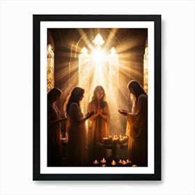 Candlelight Vigil During Spiritual Celebration Rays Of Soft Golden Light Breaking Through Stained G (3) Art Print