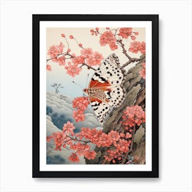 Pink Blush Flowers Butterfly Japanese Style Painting 1 Art Print