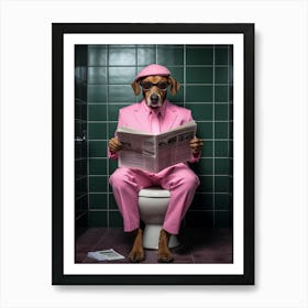 Dog In Pink Suit Reading Newspaper Art Print