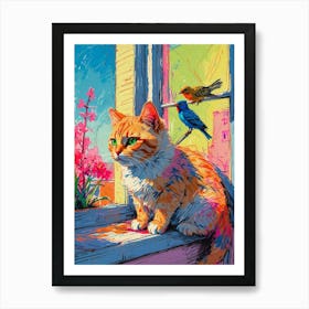 Cat And Birds On The Window Sill Art Print