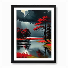 Red Trees By The Lake Art Print