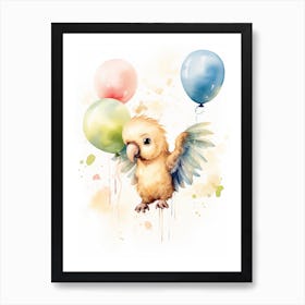 Baby Parrot Flying With Ballons, Watercolour Nursery Art 4 Art Print