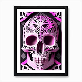 Skull With Geometric Designs 2 Pink Linocut Art Print