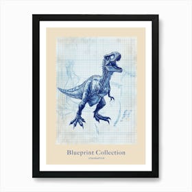 Utahraptor Dinosaur Blue Print Sketch 1 Poster Art Print