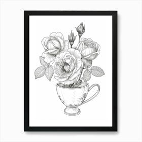 Rose In A Teacup Line Drawing 2 Art Print