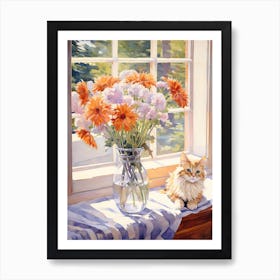 Cat With Daises Flowers Watercolor Mothers Day Valentines 2 Art Print