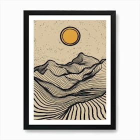 A minimalist pen and ink drawing of a mountainous 1 Art Print