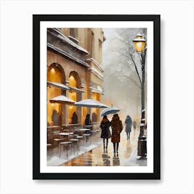 Paris cafes, winter season, Christmas, autumn oil colors, pale colors, pedestrians in the street, winter clothes, falling snow.1 1 Art Print