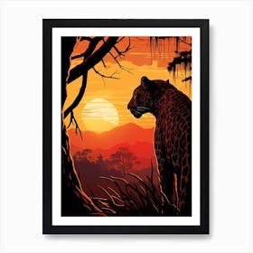 African Leopard Sunset Silhouette Painting 2 Art Print