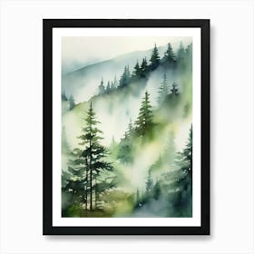 Appalachian Mountains of Misty Pines Watercolor Print of Evergreen Forest..131 Art Print