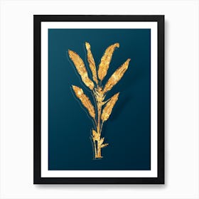 Vintage Parrot Heliconia Botanical in Gold on Teal Blue Art Print