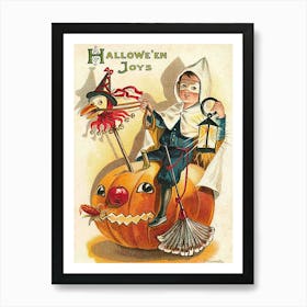 Masked Boy Riding A Big Pumpkin On Halloween Night Art Print