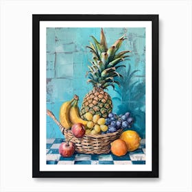 Tropical Fruit Basket Blue Checkerboard 2 Art Print