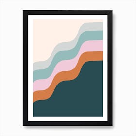 Retro Abstract Geometric Wavy Shapes in Dark Teal and Terracotta Art Print