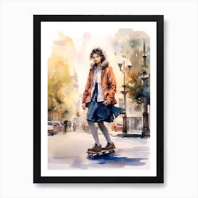Girl Skateboarding In Tokyo, Japan Watercolour 3 Art Print
