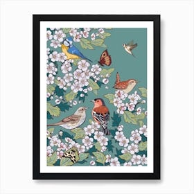 Hedgrow Birds And Hawthorn Blossom Art Print