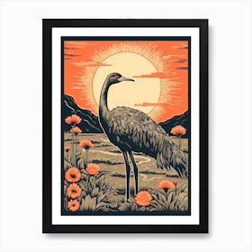 Vintage Bird Linocut Ostrich 3 Art Print