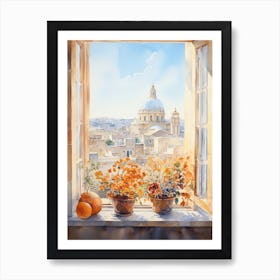 Window View Of Valletta Malta In Autumn Fall, Watercolour 2 Art Print