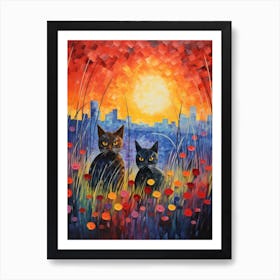 Two Cats At Sunset In A Poppy Field Art Print