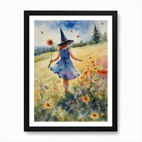 Little Summer Witch Girl Running Through the Summer Meadow - Colorful Witchy Watercolor Art by Lyra the Lavender Witch - Rainbow Flowers Girl Witches In Midsummer Litha Summer Solstice Pagan Wiccan Wheel of the Year - Botanical Gallery Wall Art Full of Color and Joy HD Art Print