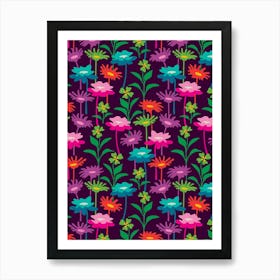 GARDEN MEADOW Floral Botanical Flowers Wildflowers in Bright Rainbow Colors on Deep Purple Art Print