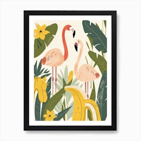 Lesser Flamingo And Banana Plants Minimalist Illustration 4 Art Print