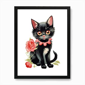 Vintage Black Cat Flowers Kitsch Art Print