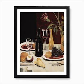 Atutumn Dinner Table With Cheese, Wine And Pears, Illustration 7 Art Print