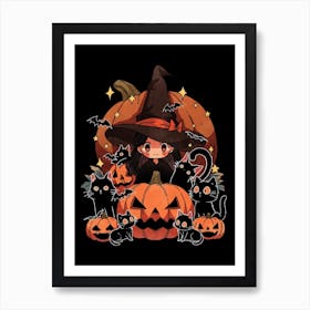 Halloween Witch With Cats Art Print