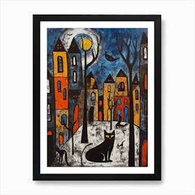 Painting Of New York With A Cat In The Style Of Surrealism, Miro Style 2 Art Print