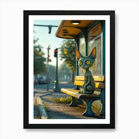 Friendly Alien Yellow Cat Like Eyes Perched On A Bus Stop Bench Whimsical Setting Etched With An Art Print